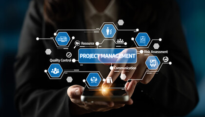 A digital concept showcasing project management elements, including risk assessment, resource allocation, and quality control. Perfect for business strategy visuals. Tessel