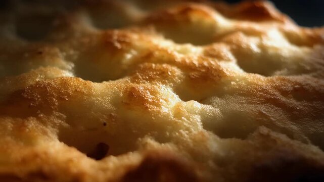 Close-up of golden focaccia bread texture, food background.