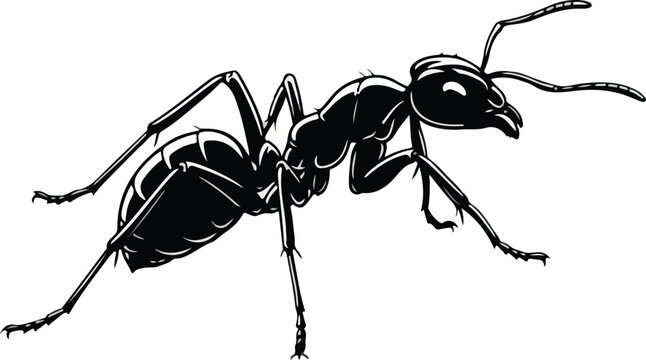 A stylized black and white illustration of an ant in side profile, featuring its distinct body segments, legs, and antennae.