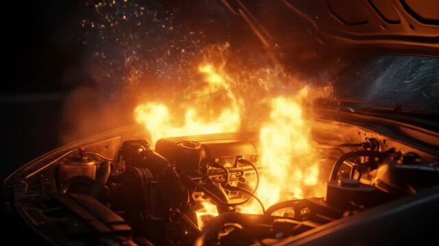 A car's engine compartment is engulfed in flames with sparks flying, presented in a dark cinematic setting. Perfect for disaster scenes, action movies, and emergency response training.