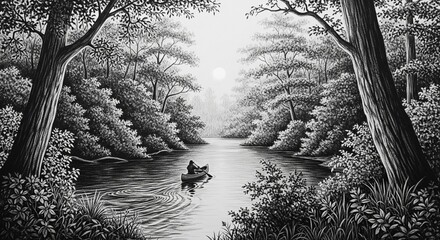 Serene landscape of a person rowing a boat on a calm river through a misty forest at dawn