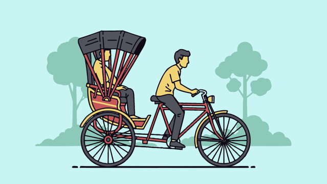 Man Riding a Rickshaw with Passenger Inside.