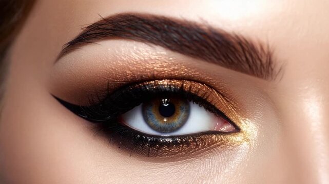 Close-up of a woman's eye with glamorous bronze eyeshadow and winged eyeliner