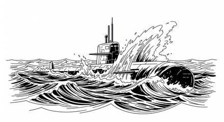 Fototapeta premium Vintage Submarine Surfacing Through Ocean Waves Ink Drawing Illustration