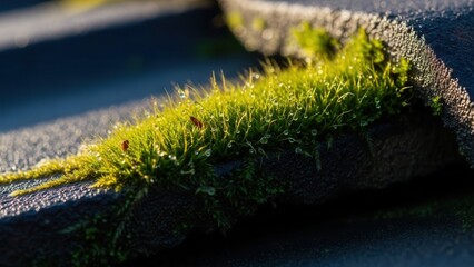 Fototapeta premium Dewy Morning Moss Growing On Textured Surface Captures Sunlight