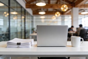 Laptop computer and large stack of business documents resting on a clean white desk in a blurred modern open office environment with copy space for corporate administration concept.