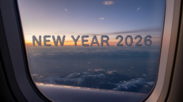 Sky view of clouds with message about New Year 2026 seen from airplane window during sunset flight