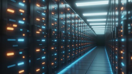 Modern Server Room with Glowing Blue and Orange Lights - Data Center Technology