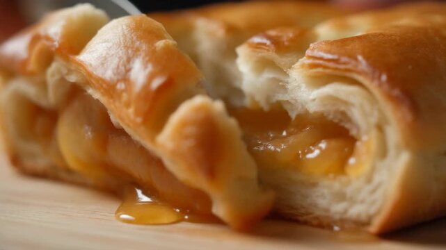 Close-up of apple strudel being cut with a knife.
