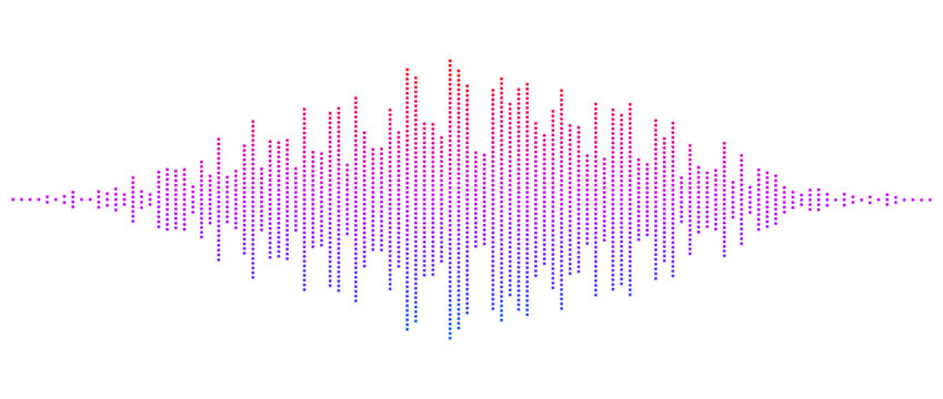 Color abstract equalizer shape design. Dotted music sound wave element. Audio radio signal visualization concept. Shining digital voice assistant line pattern. Song track sample player. Vector