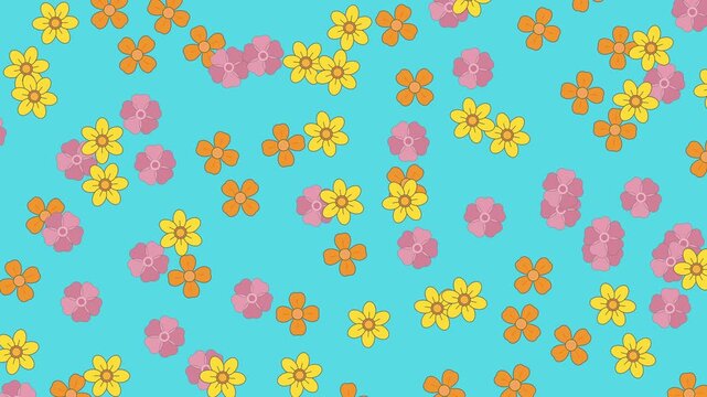 Seamless floral pattern with small, flat design flowers in shades of yellow, orange and pink scattered on a light blue background. This simple floral pattern is suitable for fabric prints, wallpaper, 