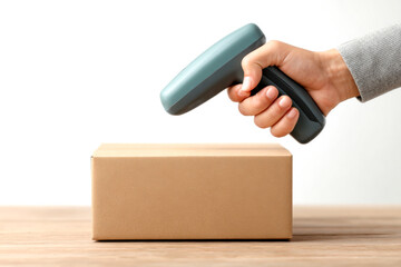 A hand holds a barcode scanner above a plain cardboard box on a wooden surface, indicating a scanning process for inventory or shipping.
