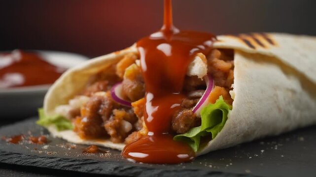 Delicious wrap with sauce, lettuce, onion and tasty chicken inside.