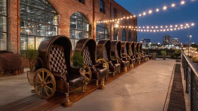 Outdoor scene with ornate carriage chairs lined up on a patio, brick building, city lights, and string lights