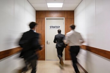 Fototapeta premium Competitive businessmen rapidly racing toward a door labeled 