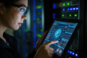 Young female engineer analyzing data dashboard on a digital tablet in a dark server room for network security and artificial intelligence concept.