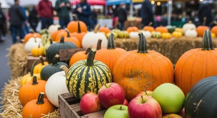 Variety of colorful pumpkins and apples at an outdoor autumn market.