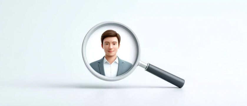 A virtual representation of a young man viewed through a magnifying glass, symbolizing scrutiny, analysis, or focus on personal attributes.