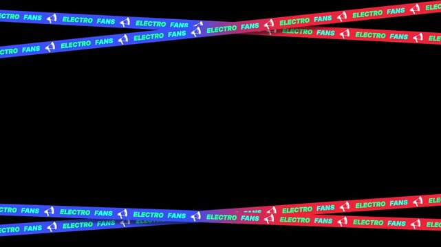 Electro Fans promotional text on blue and red moving tapes on black background loop.