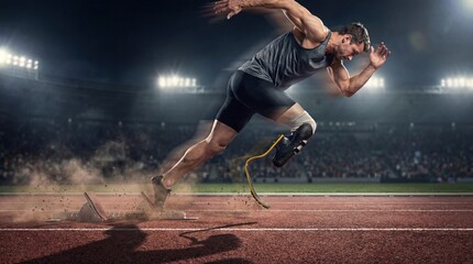 Relentless Pursuit: An athlete with a prosthetic leg surges forward on the track. This image captures the essence of determination, resilience.