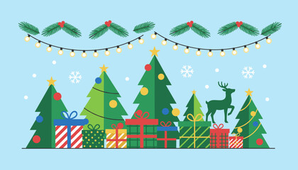Festive flat design Christmas scene with decorated trees gifts reindeer and holiday lights on blue