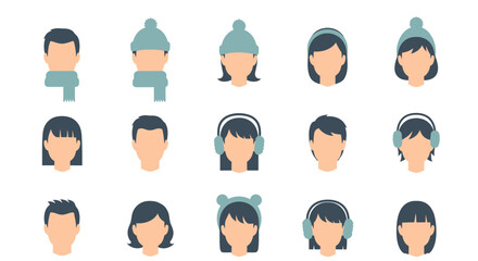 Winter People Avatar Icon Set with Cold Weather Accessories, Beanie Hats, Scarves, and Earmuffs