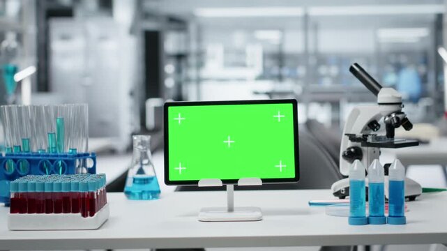 Close up of green screen tablet on workbench in sterile empty hospital laboratory. Mockup device in clean research facility with nobody in used for scientific discoveries