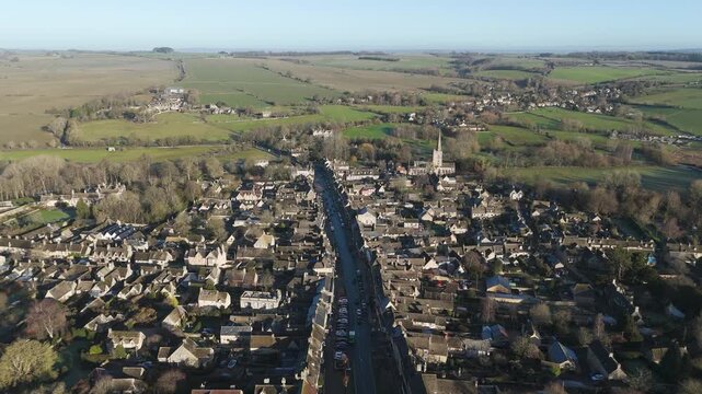Oxfordshire Early morning winter Drone shot of Burford town in United Kingdom Cotswold area. 