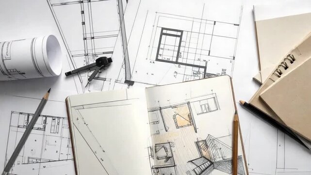 Architectural design workspace with blueprints, sketches, and tools