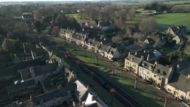 Oxfordshire Early morning winter Drone shot of Burford town in United Kingdom Cotswold area. 