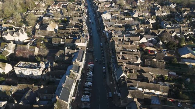Oxfordshire Early morning winter Drone shot of Burford town in United Kingdom Cotswold area. 