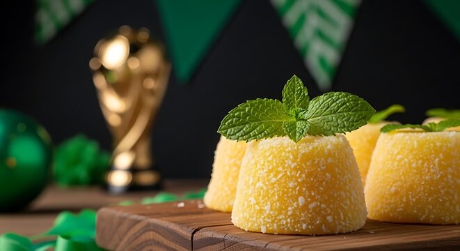 A close-up shot of several traditional Brazilian quindim or brigadeiro-style sweets, elegantly garnished with fresh mint leaves, resting on a wooden board with a blurred golden trophy and soccer ball 