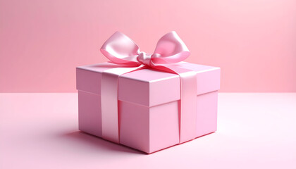 Obraz premium Pink gift box with red ribbon on pastel background.
