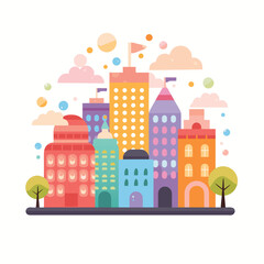 Naklejka premium Vibrant and colorful cartoon city skyline with various buildings and trees.