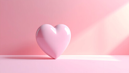 A shiny pink heart on a pink background with soft light.