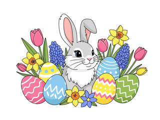 Cute Easter Bunny Surrounded by Colorful Spring Flowers and Eggs.