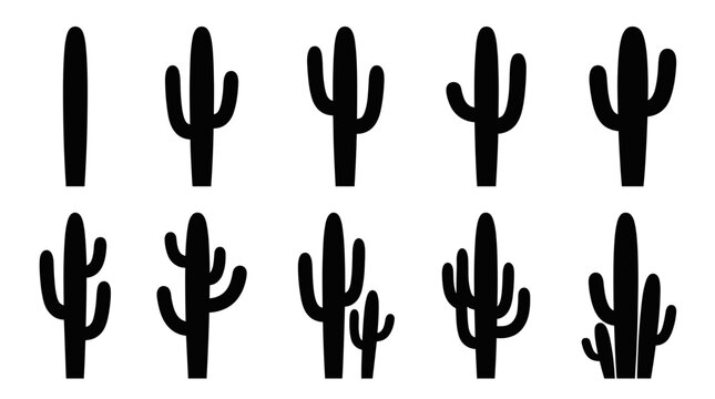 Set of black saguaro cactus vector silhouettes isolated on white background. Collection of desert plant icons perfect for wild west landscape design, logo, or mexican decoration.