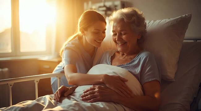 Compassionate Nurse Caring for Elderly Patient in Hospital Bed with Warm Sunlight