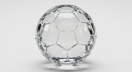 Naklejka premium 明るい光が多面体に反射しキラキラと輝く透明なクリスタルのサッカーボールオブジェ 白い背景に浮かぶ洗練された美しい造形と光の戯れ. AI Generated