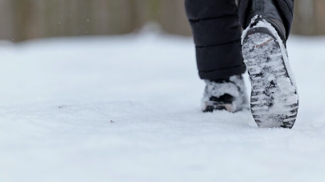 Close-up view of person walking through fresh snow with winter boots leaving footprints