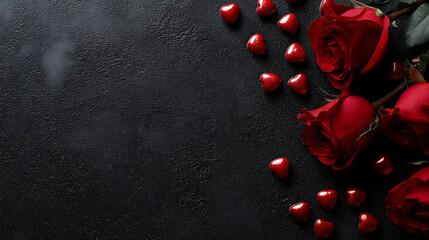 Fototapeta premium Dark Valentine background with red roses and heart candies on black textured surface, mysterious smoke effect, gothic romantic love concept, top view, copy space