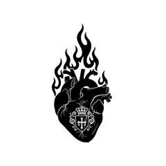 Black Sacred Heart Illustration with Flames.