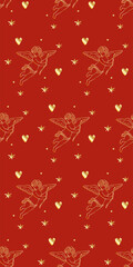 Gold Cupid Angel on Red Background Pattern. Seamless Vintage Romantic Golden Cherub Wrapping Paper Print. Valentine's Day Greeting Element. Wedding Party Wallpaper Design Christmas Holiday Invitation 