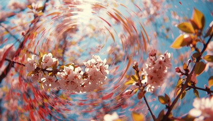 A vibrant floral scene with cherry blossoms in full bloom