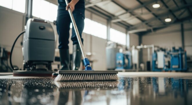 Worker cleaning a wet industrial floor with a large brush and cleaning machine in a factory setting.