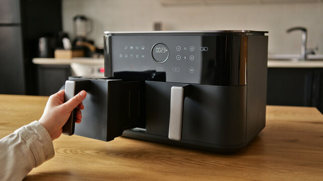 Modern black air fryer with digital display and touch controls on a wooden table