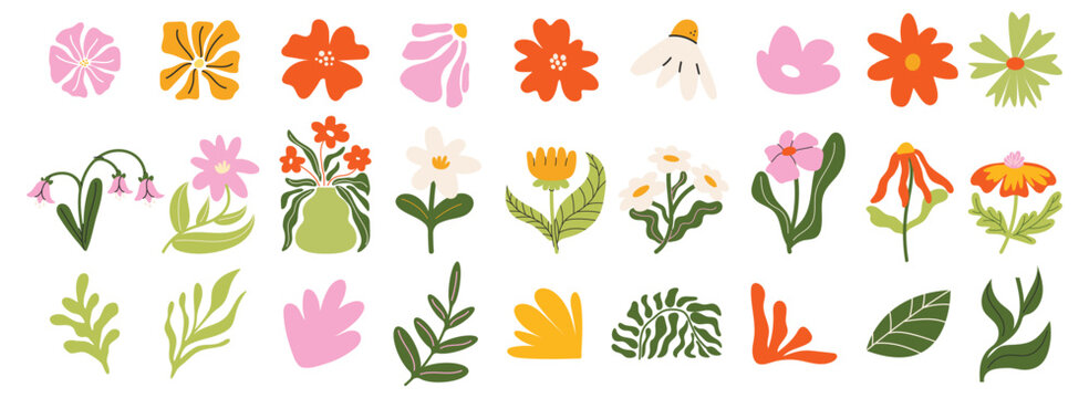 Set of hand drawn botanical elements with cute spring flowers and leaves. Floral plant branches ,leaves of different shapes. Wild flowers stickers in trendy funky shapes, cartoon doodle style
