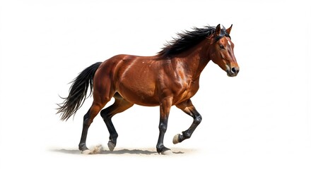 Fototapeta premium 純粋な白の背景を軽やかに駆ける茶色の美しい馬 躍動感あふれるたてがみと尻尾がなびき力強い生命力を表現 明るい光が毛並みの光沢を引き立てる. AI Generated