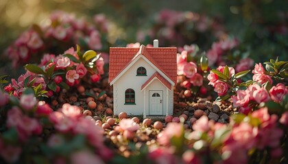A small white house with a red roof surrounded by pink flowers
