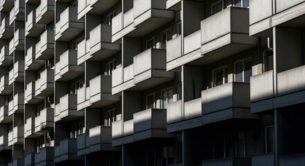 Brutalist architecture featuring a repetitive pattern of concrete balconies on a modern residential apartment building with dramatic sunlight and shadows.